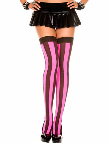 Opaque wide vertical stripe thighHi (Black and Hot Pink)