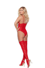 CUPLESS STRETCH LACE TEDDY W/ THIGH HI'S RED O/S