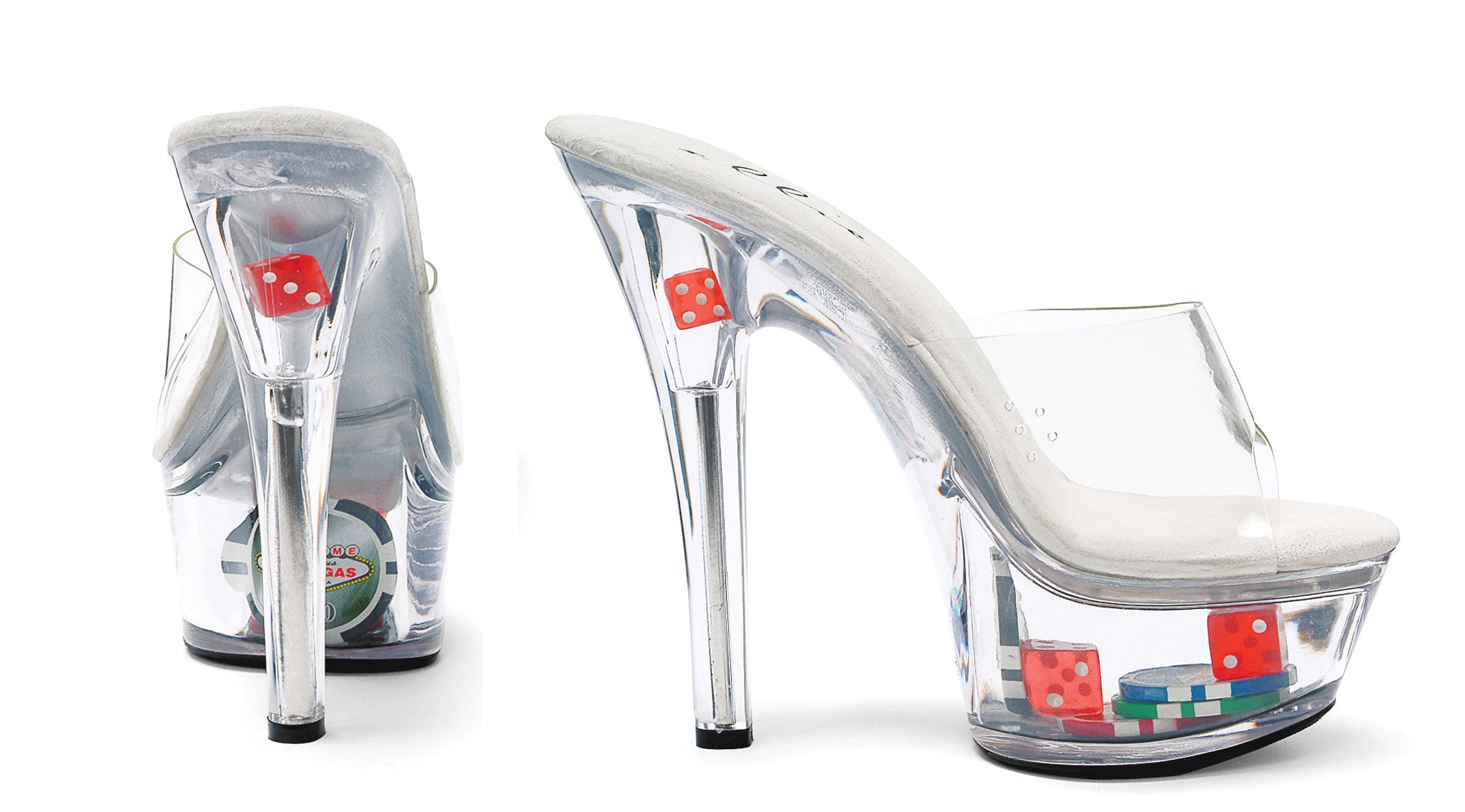 Poker 6" Heel Clear Mule W/ Dice & Poker Chips.