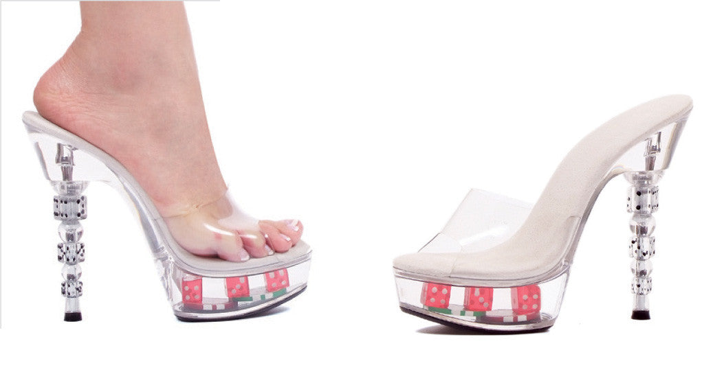 Dice  6.5" Dice Heel Sandal W/ Dice & Poker Chips In Platform.