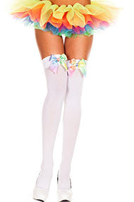 Rainbow satin bow opaque thigh high (White)